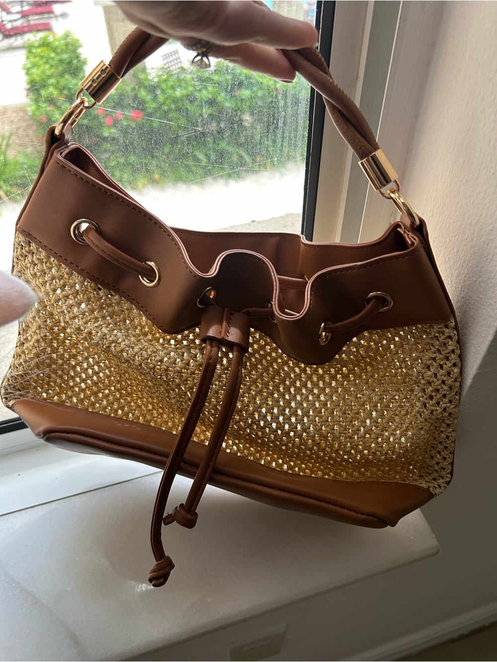 Woven Straw and Brown Faux Leather Drawstring Handbag Beach Summer Fall Spring